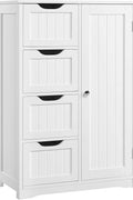 Gray 4-drawer floor cabinet with adjustable shelf
White MDF bathroom storage cabinet
Side view of modern drawer cabinet
Floor cabinet with 4 drawers and 1 door
Compact utility cabinet for kitchen or bath