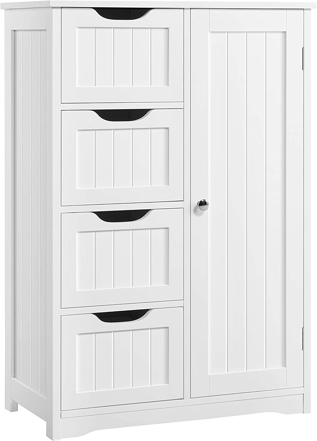 Gray 4-drawer floor cabinet with adjustable shelf
White MDF bathroom storage cabinet
Side view of modern drawer cabinet
Floor cabinet with 4 drawers and 1 door
Compact utility cabinet for kitchen or bath