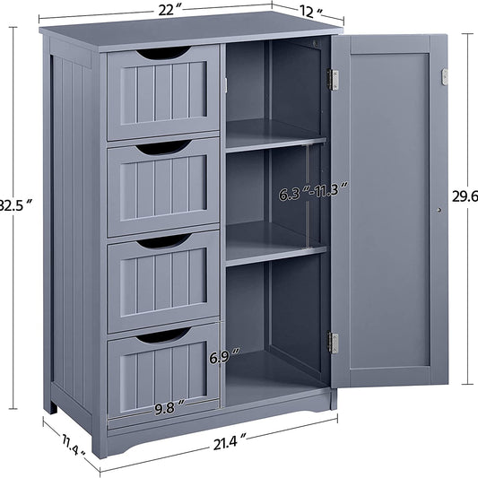 Gray 4-drawer floor cabinet with adjustable shelf
White MDF bathroom storage cabinet
Side view of modern drawer cabinet
Floor cabinet with 4 drawers and 1 door
Compact utility cabinet for kitchen or bath