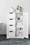 Gray 4-drawer floor cabinet with adjustable shelf
White MDF bathroom storage cabinet
Side view of modern drawer cabinet
Floor cabinet with 4 drawers and 1 door
Compact utility cabinet for kitchen or bath