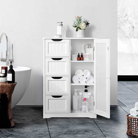 Gray 4-drawer floor cabinet with adjustable shelf
White MDF bathroom storage cabinet
Side view of modern drawer cabinet
Floor cabinet with 4 drawers and 1 door
Compact utility cabinet for kitchen or bath