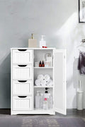 Gray 4-drawer floor cabinet with adjustable shelf
White MDF bathroom storage cabinet
Side view of modern drawer cabinet
Floor cabinet with 4 drawers and 1 door
Compact utility cabinet for kitchen or bath