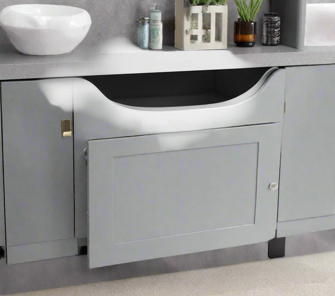 Gray 4-drawer floor cabinet with adjustable shelf
White MDF bathroom storage cabinet
Side view of modern drawer cabinet
Floor cabinet with 4 drawers and 1 door
Compact utility cabinet for kitchen or bath