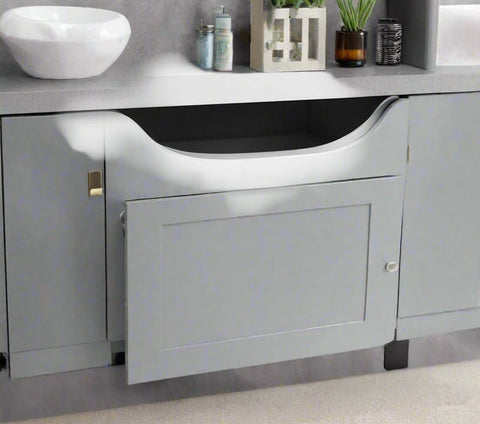 Gray 4-drawer floor cabinet with adjustable shelf
White MDF bathroom storage cabinet
Side view of modern drawer cabinet
Floor cabinet with 4 drawers and 1 door
Compact utility cabinet for kitchen or bath