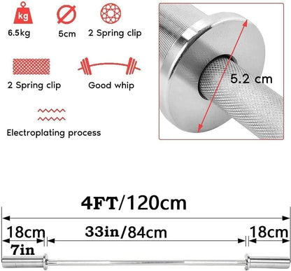 4ft Olympic barbell for home gym – stainless steel finish
Compact 2 inch solid steel barbell with 25mm shaft
Olympic short bar – curl and press bar for fitness training
Oxide-coated Olympic barbell for small gym setups
Close-up of sleeve and shaft of 4ft solid steel weight bar
