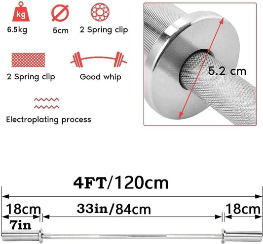 4ft Olympic barbell for home gym – stainless steel finish
Compact 2 inch solid steel barbell with 25mm shaft
Olympic short bar – curl and press bar for fitness training
Oxide-coated Olympic barbell for small gym setups
Close-up of sleeve and shaft of 4ft solid steel weight bar