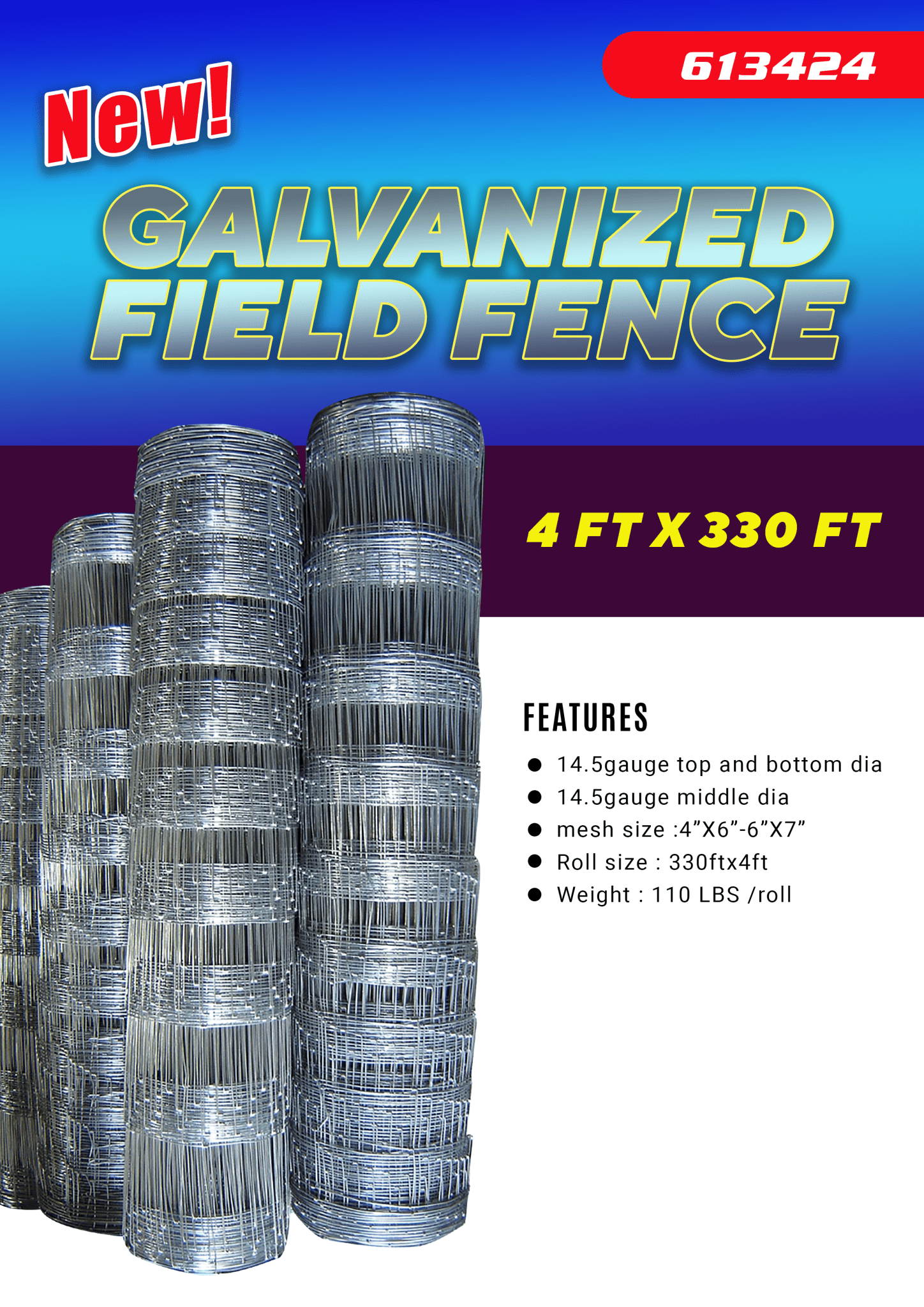 Rolled 330 FT livestock wire fence – silver steel

Close-up of barbed top and bottom wire fencing

Field wire fence rolls stacked on pallet – 4FT and 5FT

Product chart showing wire spacing and gauge specs