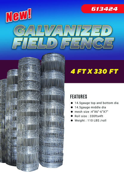 Rolled 330 FT livestock wire fence – silver steel

Close-up of barbed top and bottom wire fencing

Field wire fence rolls stacked on pallet – 4FT and 5FT

Product chart showing wire spacing and gauge specs