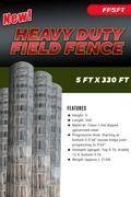 Rolled 330 FT livestock wire fence – silver steel

Close-up of barbed top and bottom wire fencing

Field wire fence rolls stacked on pallet – 4FT and 5FT

Product chart showing wire spacing and gauge specs