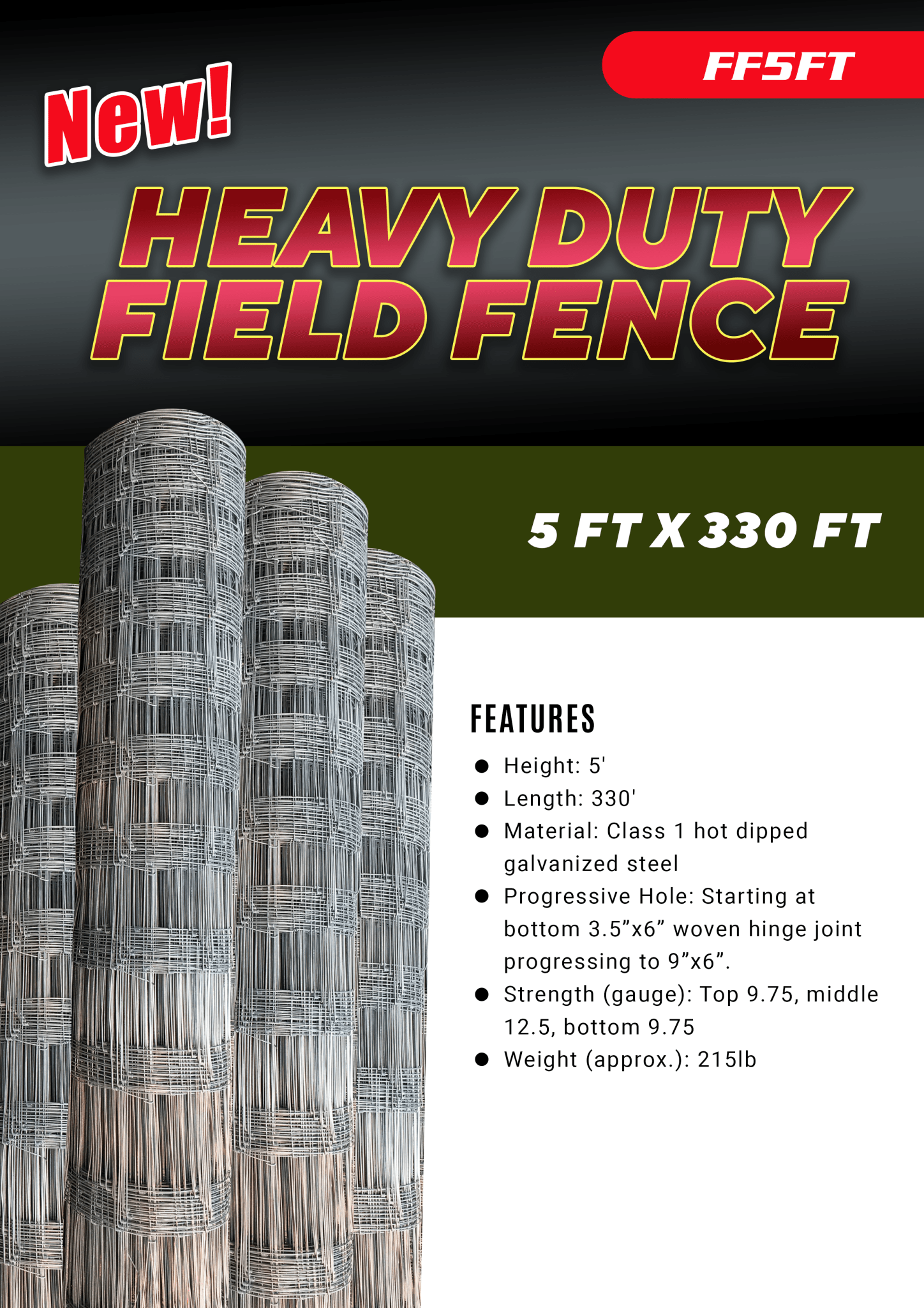 Rolled 330 FT livestock wire fence – silver steel

Close-up of barbed top and bottom wire fencing

Field wire fence rolls stacked on pallet – 4FT and 5FT

Product chart showing wire spacing and gauge specs