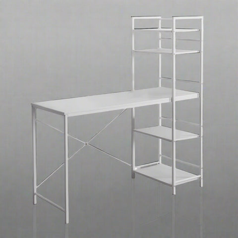 “Modern 4 ft home office computer desk with shelves – white and gray”

“Compact white writing desk with metal frame and storage shelf”

“Espresso and gray minimalist 4 ft computer desk for small spaces”

“Small home office setup with 4-foot writing desk and accessories”

“Side view of 4ft white desk with open-frame shelving for storage”