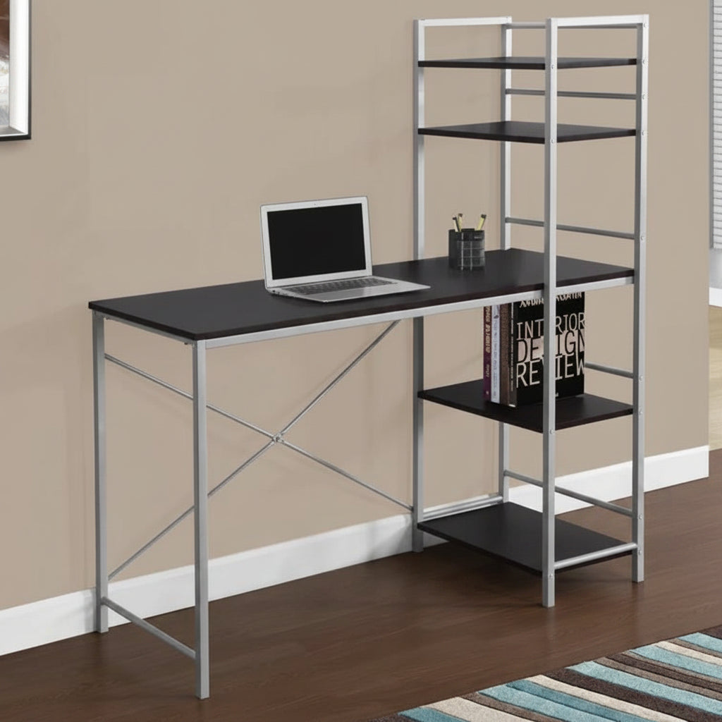 “Modern 4 ft home office computer desk with shelves – white and gray”

“Compact white writing desk with metal frame and storage shelf”

“Espresso and gray minimalist 4 ft computer desk for small spaces”

“Small home office setup with 4-foot writing desk and accessories”

“Side view of 4ft white desk with open-frame shelving for storage”