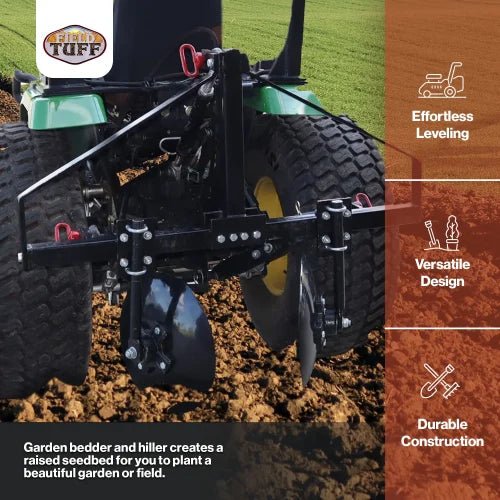 4 FT disc harrow garden tiller with 14” notched discs – black steel frame
Pull-behind disc tiller with 3-point hitch connection – 43-inch width
Field Tuff disc harrow tiller attachment for Category 1 tractors
Close-up of notched disc blades and angled shaft for deep tilling