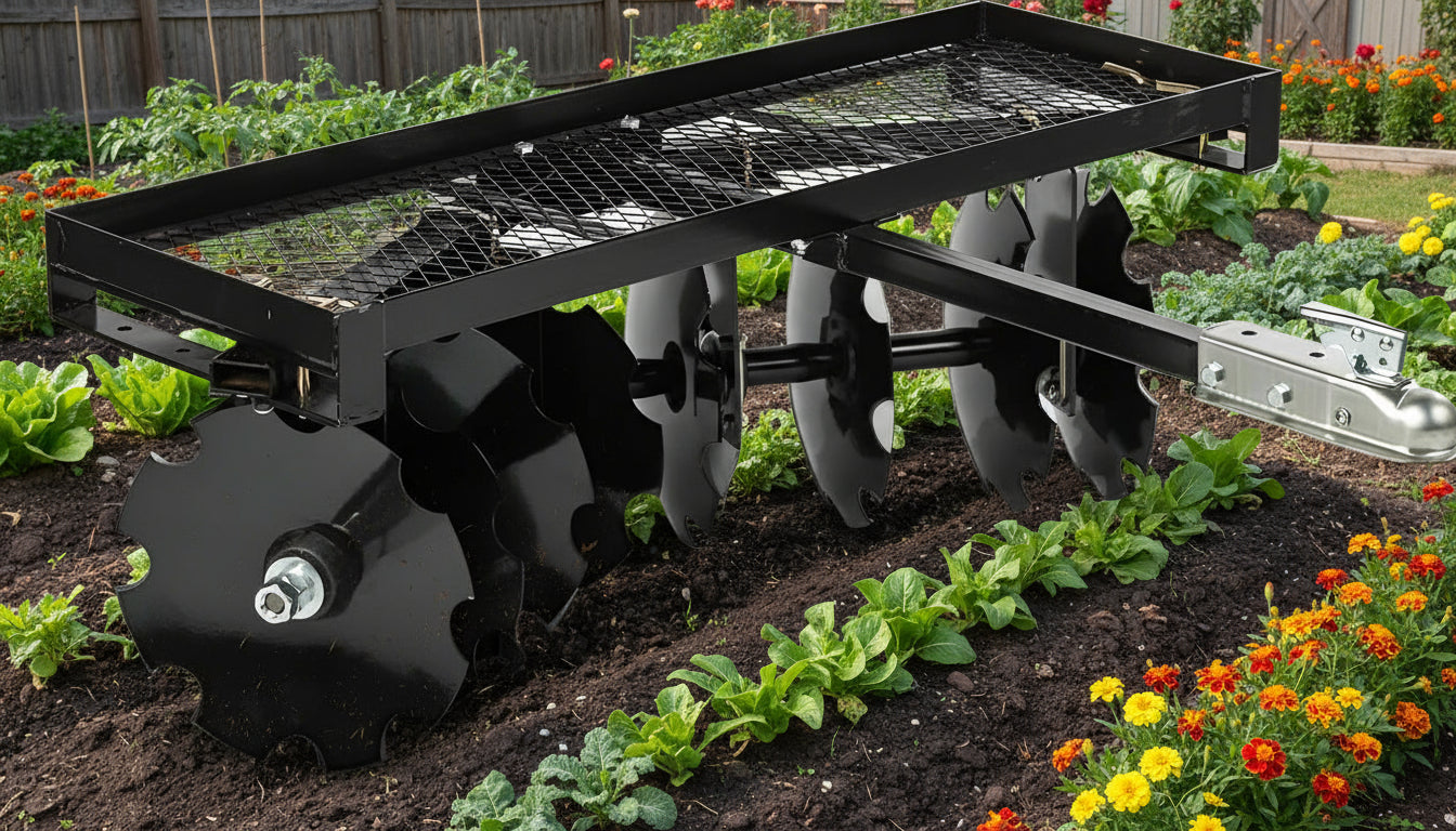 4 FT disc harrow with 8 notched discs – ATV and lawn tractor attachment
Pull-behind disc harrow implement with adjustable disc gangs
ATV towing black disc tiller through field for food plot preparation
