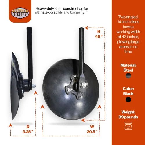 4 FT disc harrow garden tiller with 14” notched discs – black steel frame
Pull-behind disc tiller with 3-point hitch connection – 43-inch width
Field Tuff disc harrow tiller attachment for Category 1 tractors
Close-up of notched disc blades and angled shaft for deep tilling