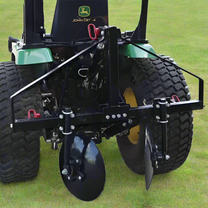 4 FT disc harrow garden tiller with 14” notched discs – black steel frame
Pull-behind disc tiller with 3-point hitch connection – 43-inch width
Field Tuff disc harrow tiller attachment for Category 1 tractors
Close-up of notched disc blades and angled shaft for deep tilling