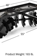 4 FT disc harrow with 8 notched discs – ATV and lawn tractor attachment
Pull-behind disc harrow implement with adjustable disc gangs
ATV towing black disc tiller through field for food plot preparation
