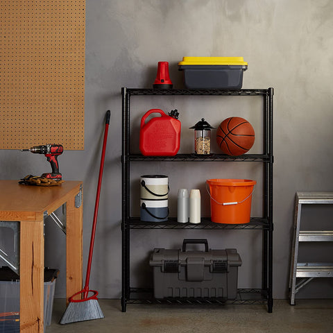 New 4 - Layer Wire Storage Shelf with Adjustable Shelves & Heavy Duty Load – Black | SKU: WS645 - with | Sold by Uncle Wiener's Wholesale