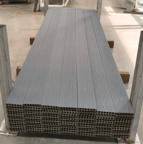 New 4 - Pack Co - Extruded WPC Decking Boards – 5.5" x 0.9" x 114" | Composite Deck Planks – Charcoal, Teak, Light Gray | Covers 17.44 Sq.Ft. - with Light Gray | Sold by Uncle Wiener's Wholesale