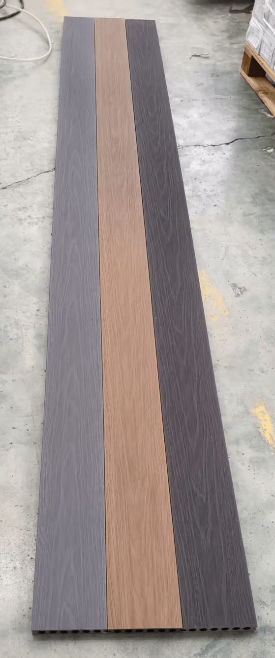 New 4 - Pack Co - Extruded WPC Decking Boards – 5.5" x 0.9" x 114" | Composite Deck Planks – Charcoal, Teak, Light Gray | Covers 17.44 Sq.Ft. - with Teak | Sold by Uncle Wiener's Wholesale