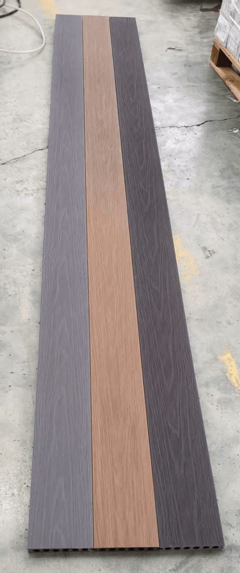New 4 - Pack Co - Extruded WPC Decking Boards – 5.5" x 0.9" x 114" | Composite Deck Planks – Charcoal, Teak, Light Gray | Covers 17.44 Sq.Ft. - with Teak | Sold by Uncle Wiener's Wholesale