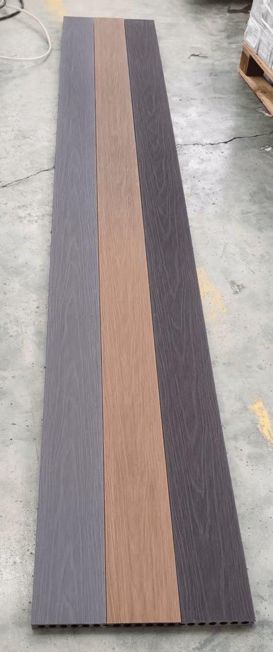New 4 - Pack Co - Extruded WPC Decking Boards – 5.5" x 0.9" x 114" | Composite Deck Planks – Charcoal, Teak, Light Gray | Covers 17.44 Sq.Ft. - with Teak | Sold by Uncle Wiener's Wholesale
