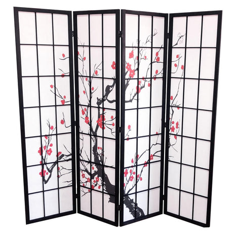 4-panel Japanese room divider with plum blossom design

Folding privacy screen with black wooden frame

Floral rice paper room divider for home decor

Lightweight Japanese-inspired room partition

Decorative folding screen with red blossom print