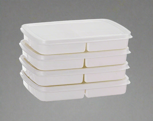 "4-piece stackable food storage containers with compartments"

"Freezer-safe meal prep containers with lids"

"Plastic rectangular containers for snacks and meals"