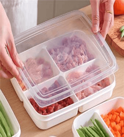 "4-piece stackable food storage containers with compartments"

"Freezer-safe meal prep containers with lids"

"Plastic rectangular containers for snacks and meals"