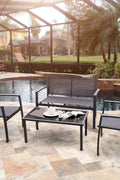 "4-piece black outdoor patio furniture set with Textilene mesh seats and glass-top coffee table – Model S3086"