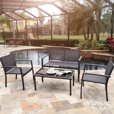 "4-piece black outdoor patio furniture set with Textilene mesh seats and glass-top coffee table – Model S3086"