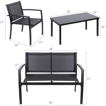 "4-piece black outdoor patio furniture set with Textilene mesh seats and glass-top coffee table – Model S3086"