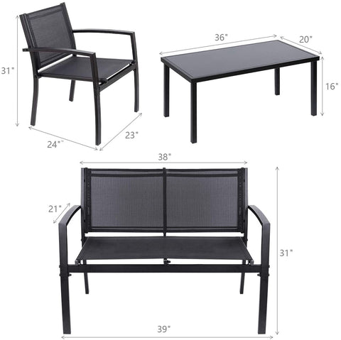 "4-piece black outdoor patio furniture set with Textilene mesh seats and glass-top coffee table – Model S3086"