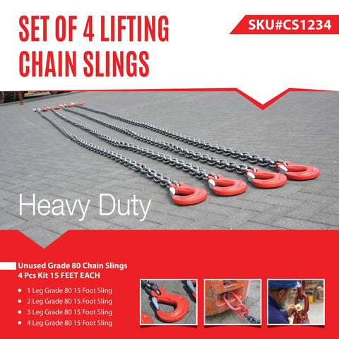 Grade 80 Alloy Steel Chain Slings Set – 4 PCS Heavy-Duty Lifting Chains with Hooks for Crane and Hoist Applications