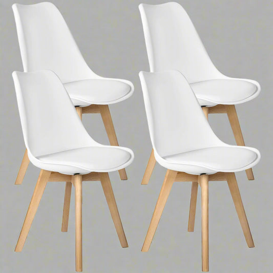 4-Piece White Dining Chair Set – Matte Plastic with Wooden Legs

Modern Kitchen Chairs – Side Angle View

Easy Assembly Dining Chairs with Beech Wood Legs

White Chairs Used in Dining Room Decor

Minimalist Dining Chairs Set for Office or Home