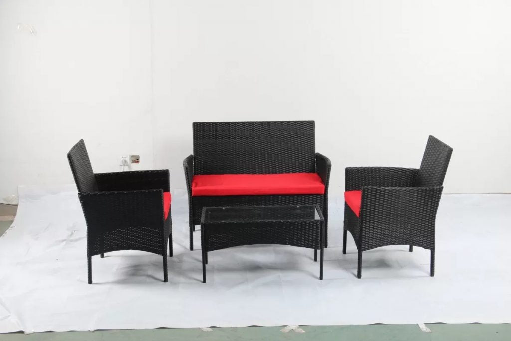 4 PCS Outdoor PE Rattan Furniture Set ��� Black Patio Sofa Chairs with Cushions and Glass Coffee