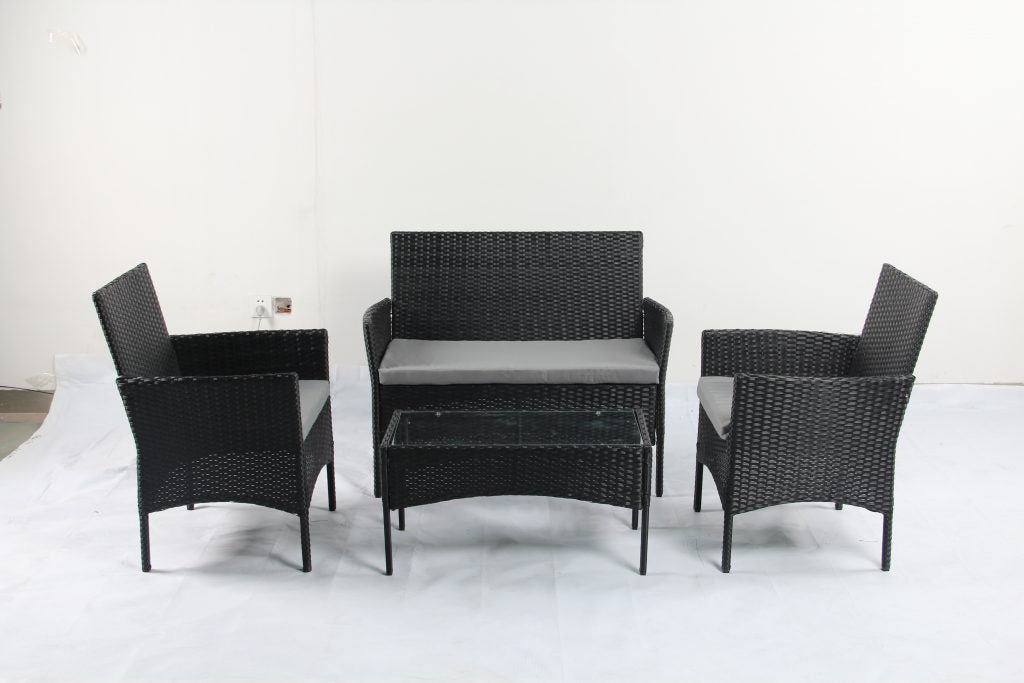 4 PCS Outdoor PE Rattan Furniture Set ��� Black Patio Sofa Chairs with Cushions and Glass Coffee