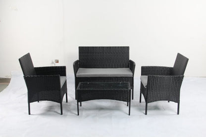 4 PCS Outdoor PE Rattan Furniture Set ��� Black Patio Sofa Chairs with Cushions and Glass Coffee