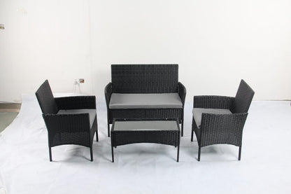 4 PCS Outdoor PE Rattan Furniture Set ��� Black Patio Sofa Chairs with Cushions and Glass Coffee