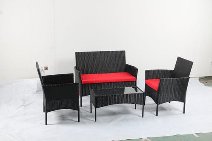4 PCS Outdoor PE Rattan Furniture Set ��� Black Patio Sofa Chairs with Cushions and Glass Coffee