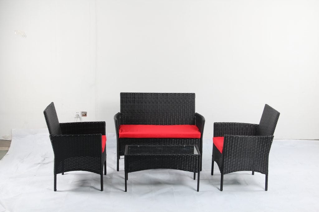 4 PCS Outdoor PE Rattan Furniture Set ��� Black Patio Sofa Chairs with Cushions and Glass Coffee
