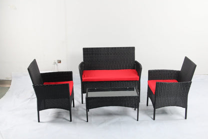 4 PCS Outdoor PE Rattan Furniture Set ��� Black Patio Sofa Chairs with Cushions and Glass Coffee