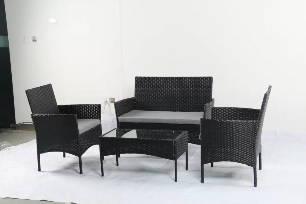 4 PCS Outdoor PE Rattan Furniture Set ��� Black Patio Sofa Chairs with Cushions and Glass Coffee