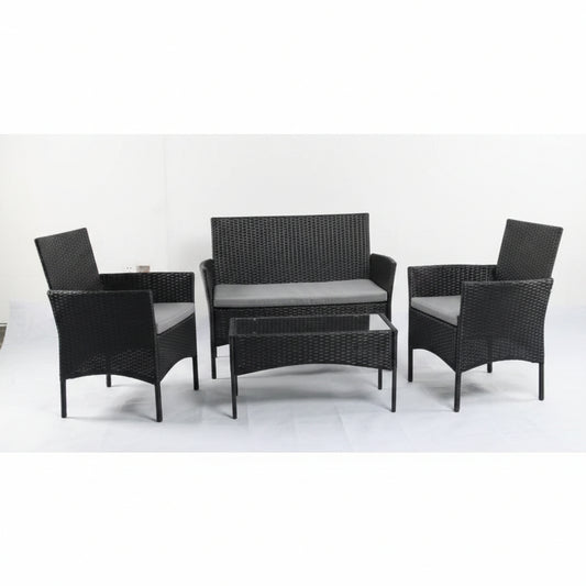 4 PCS Outdoor PE Rattan Furniture Set ��� Black Patio Sofa Chairs with Cushions and Glass Coffee