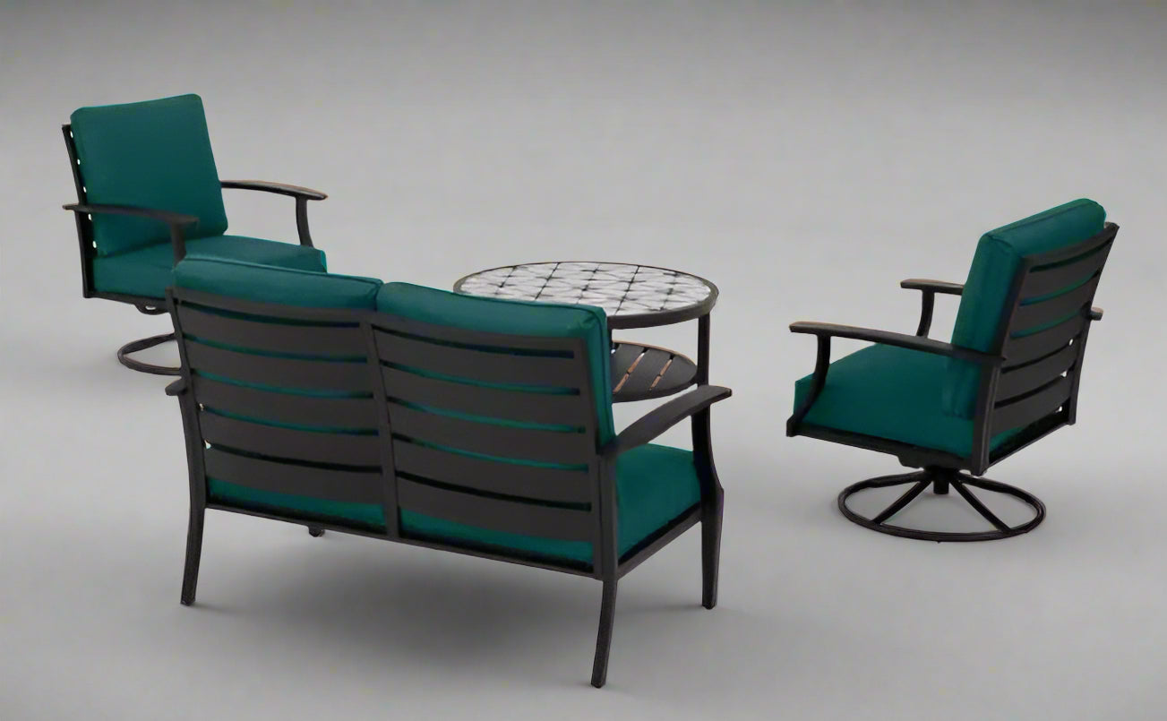 Full 4-piece patio furniture set on lawn

Close-up of swivel chair with cushions

Coffee table with ceramic top

Green loveseat in outdoor setting

Top-down view of all components