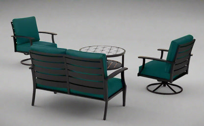 Full 4-piece patio furniture set on lawn

Close-up of swivel chair with cushions

Coffee table with ceramic top

Green loveseat in outdoor setting

Top-down view of all components