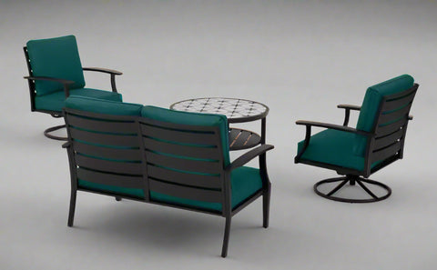 Full 4-piece patio furniture set on lawn

Close-up of swivel chair with cushions

Coffee table with ceramic top

Green loveseat in outdoor setting

Top-down view of all components