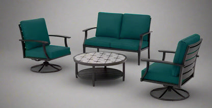 Full 4-piece patio furniture set on lawn

Close-up of swivel chair with cushions

Coffee table with ceramic top

Green loveseat in outdoor setting

Top-down view of all components