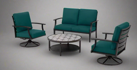 Full 4-piece patio furniture set on lawn

Close-up of swivel chair with cushions

Coffee table with ceramic top

Green loveseat in outdoor setting

Top-down view of all components