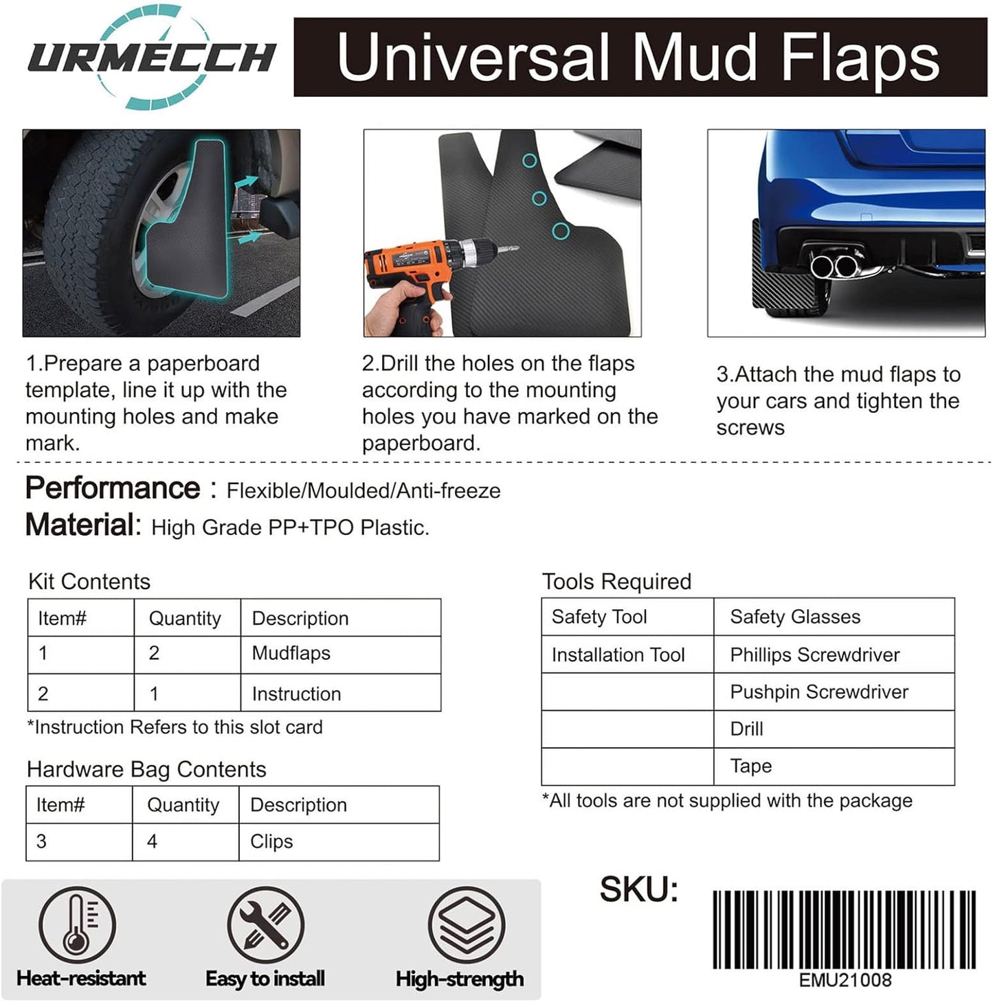 NEW 4 PCS UNIVERSAL MUD FLAPS MUDFLAPS & HARDWARE 4PMF1 - with | Sold by Uncle Wiener's Wholesale